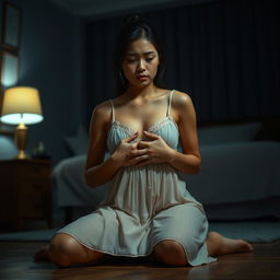 A beautiful 23-year-old Indonesian woman with a slim and sexy figure, characterized by her plump breasts, is wearing a delicate nightgown