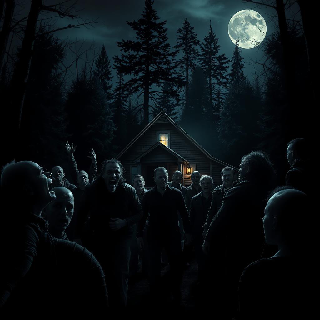 A chilling scene inspired by a horror movie, set in the dead of night at a cabin in the woods