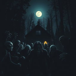 A chilling scene inspired by a horror movie, set in the dead of night at a cabin in the woods