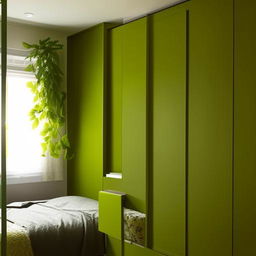 A modern bedroom featuring a green designer wall, a canopy bed, a study table attached to the wall, a window filled with lush greenery, bathed in warm yellow light, and a wooden sliding wardrobe