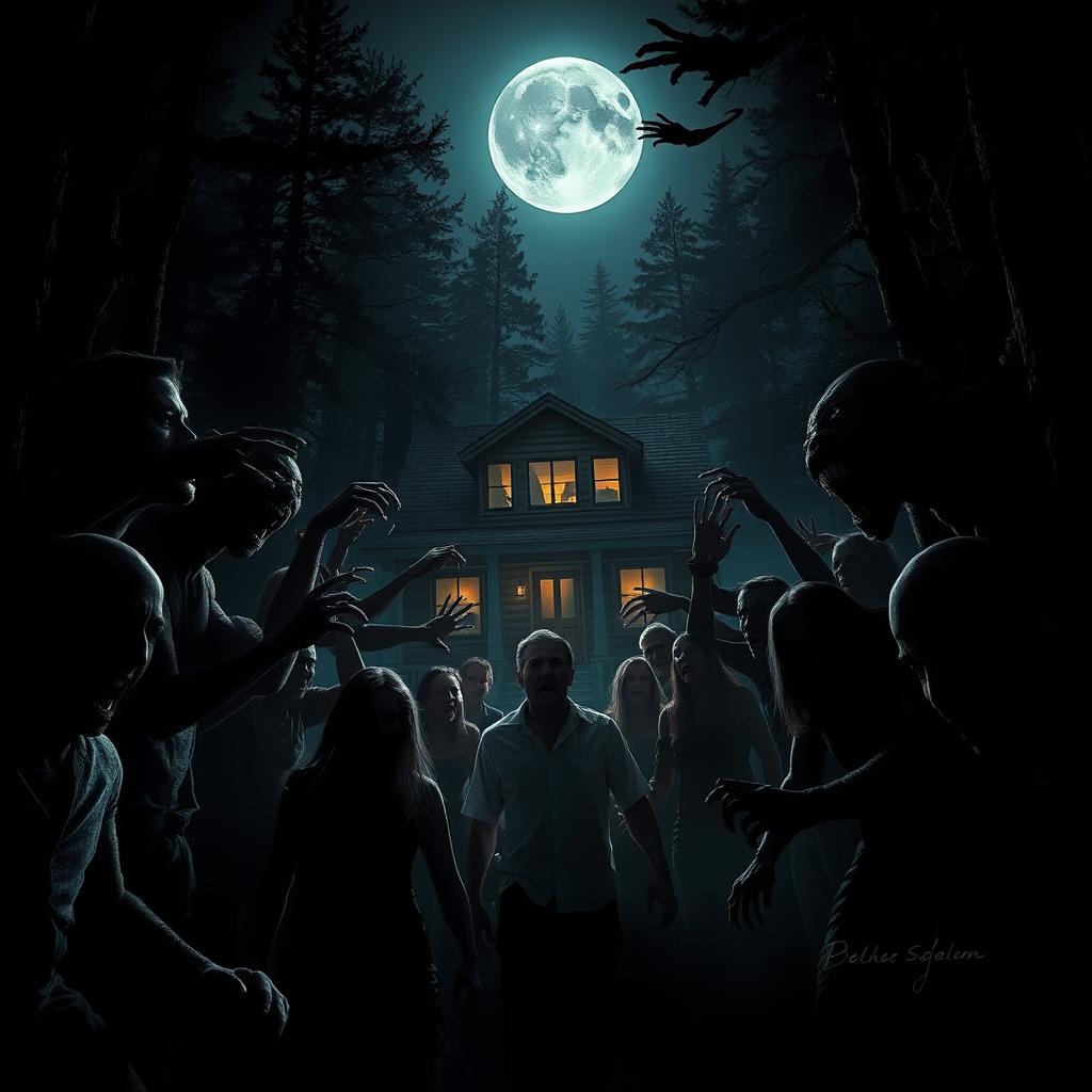 A chilling scene inspired by a horror movie, set in the dead of night at a cabin in the woods