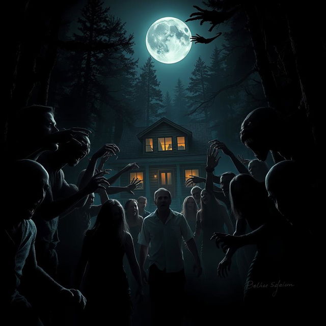 A chilling scene inspired by a horror movie, set in the dead of night at a cabin in the woods