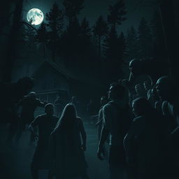 A chilling scene inspired by a horror movie, set in the dead of night at a cabin in the woods