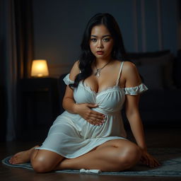 A beautiful 23-year-old Indonesian woman with a voluptuous and alluring figure, defined by her plump breasts, elegantly clad in a nightgown