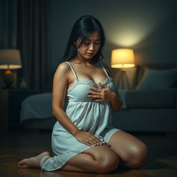 A beautiful 23-year-old Indonesian woman with a voluptuous and alluring figure, defined by her plump breasts, elegantly clad in a nightgown