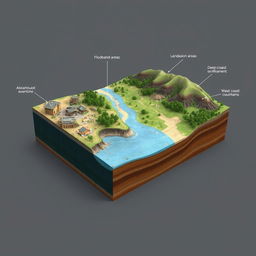 A detailed 3D visual representation of a side cross section of an environmentally damaged landscape, extending from the coast to the mountains