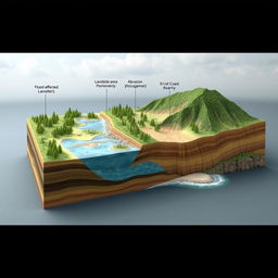 A detailed 3D visual representation of a side cross section of an environmentally damaged landscape, extending from the coast to the mountains