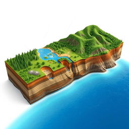 A detailed 3D visual representation of a side cross section of an environmentally damaged landscape, extending from the coast to the mountains