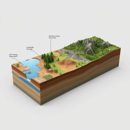 A detailed 3D visual representation of a side cross section of an environmentally damaged landscape, extending from the coast to the mountains