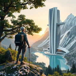 A super realistic scene where an architect with light-colored hair stands on a flower-covered rock, facing away beneath a tree with dense foliage and large flowers