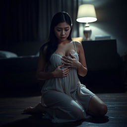 A beautiful 23-year-old Indonesian woman with a slim and sexy body, notable for her plump breasts, dressed elegantly in a nightgown