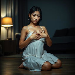 A beautiful 23-year-old Indonesian woman with a slim and sexy body, notable for her plump breasts, dressed elegantly in a nightgown