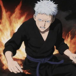 Gojo Satoru from Jujutsu Kaisen being revived with a powerful aura around him, having overcome death from Sukuna's attack.