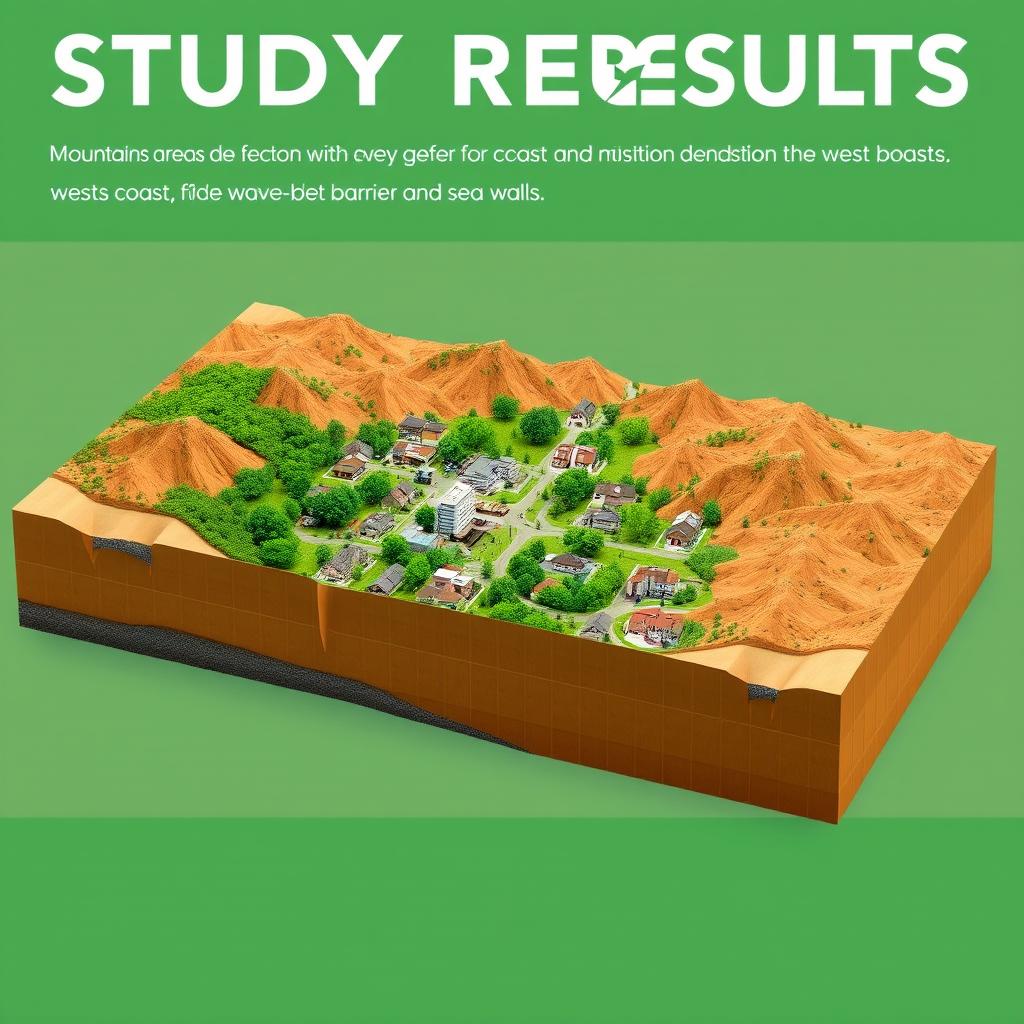 A cover design for a book of study results, featuring a 3D visual representation of a cross section of a landscape under disaster conditions