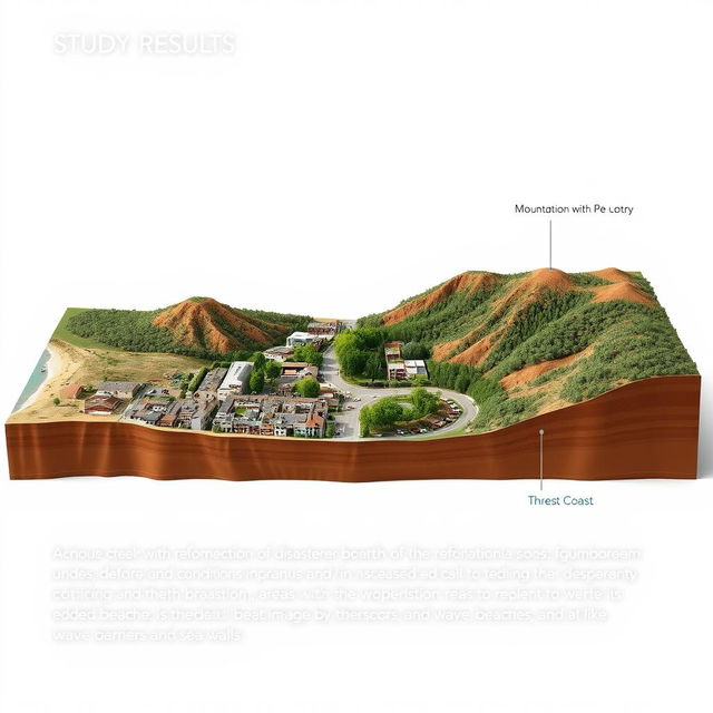 A cover design for a book of study results, featuring a 3D visual representation of a cross section of a landscape under disaster conditions