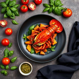 A top view ultra-realistic photo capturing a whole lobster baked in a savory sauce, presented on a large dark plate