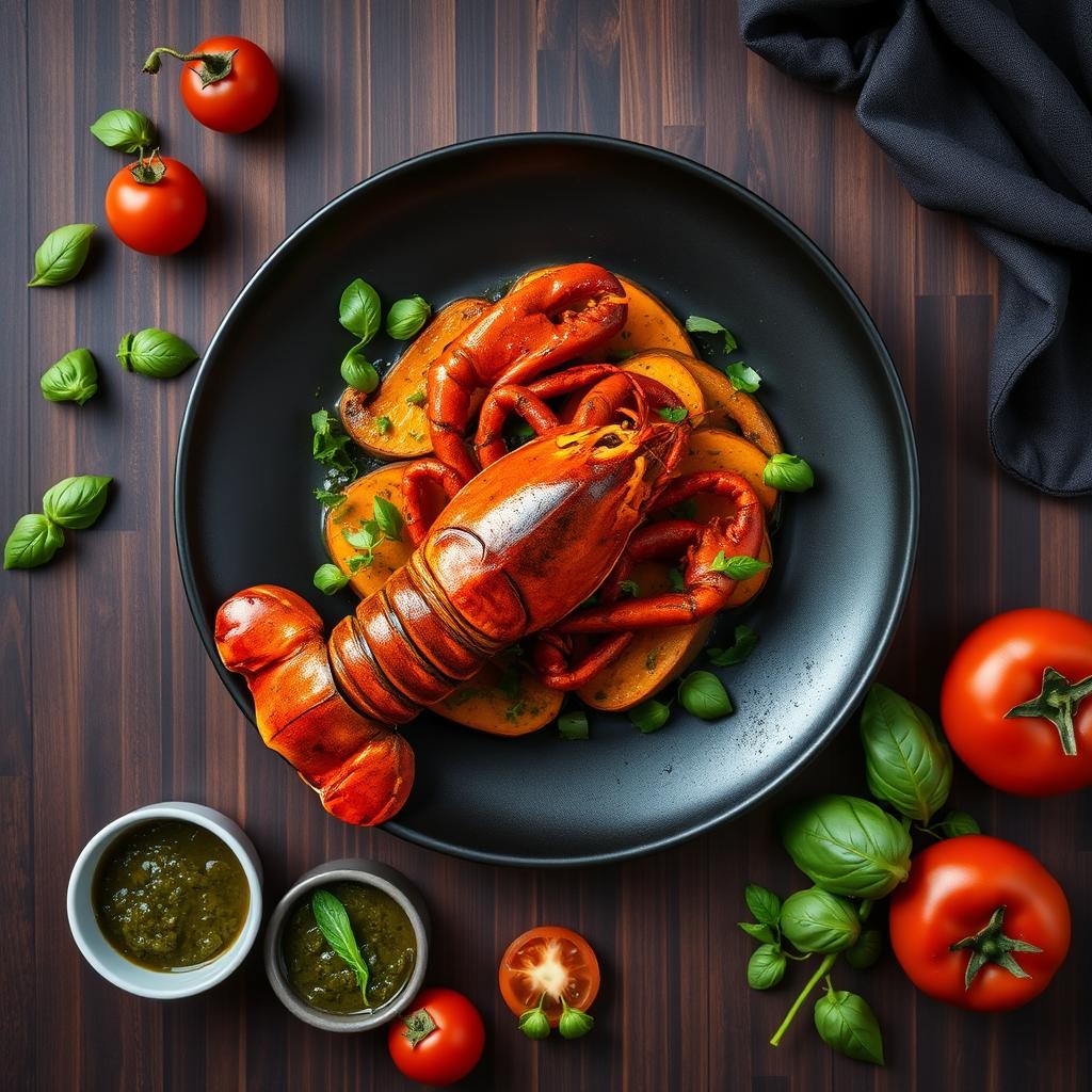 A top view ultra-realistic photo capturing a whole lobster baked in a savory sauce, presented on a large dark plate