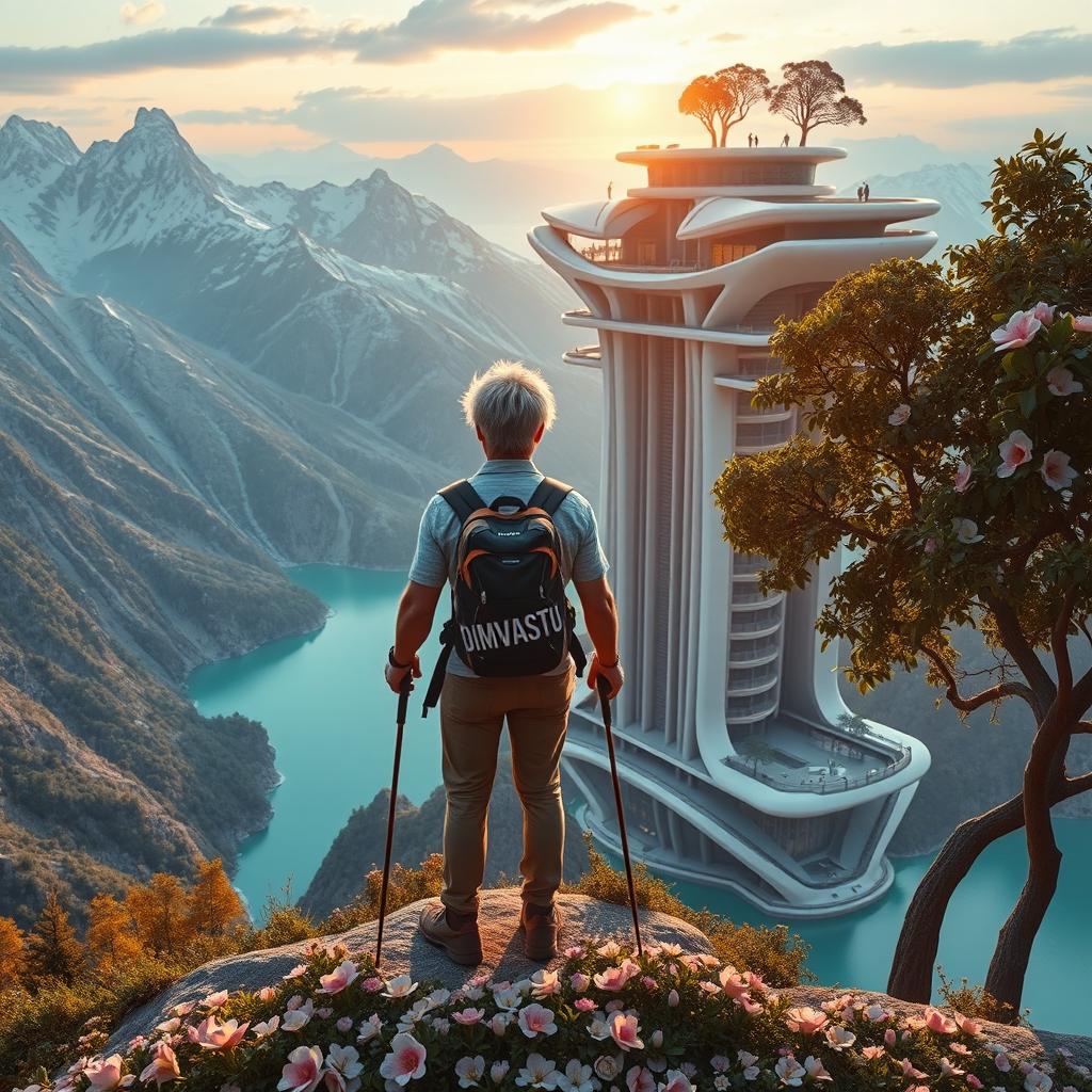 A super realistic scene of an architect with light-colored hair standing on a flower-covered rock, facing away