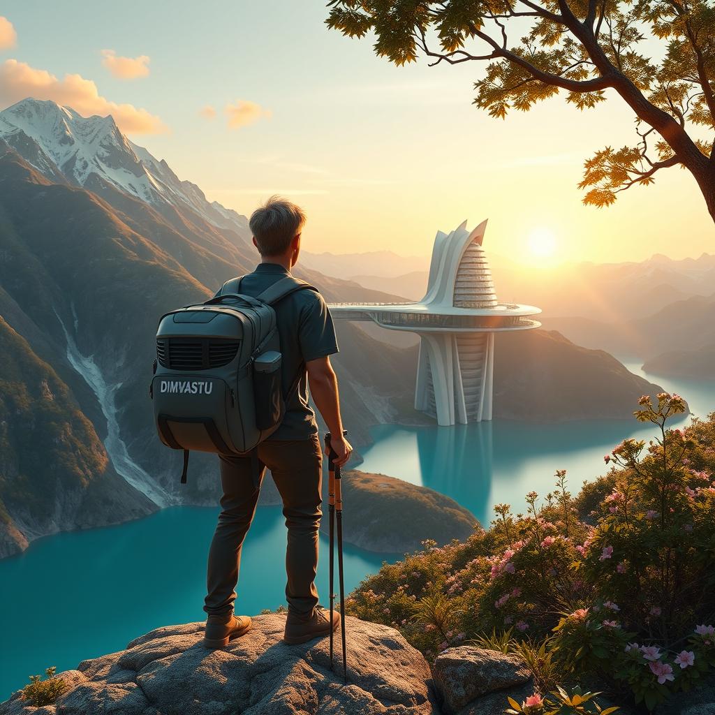 A super realistic scene of an architect with light-colored hair standing on a flower-covered rock, facing away