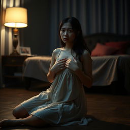 A beautiful 23-year-old Indonesian woman with a slim and sexy figure, noted for her plump breasts, gracefully attired in a nightgown