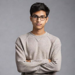 A teenager with a nerdy appearance of Indian ethnicity, wearing a loose, comfy sweatshirt. He has a look of intelligence and an awkward charm, his sleeves rolling over shyly drawn hands.