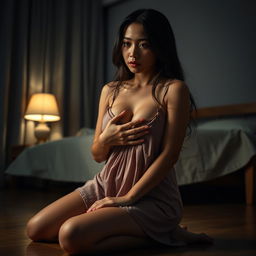 A beautiful 23-year-old Indonesian woman with a slim and sexy figure, noted for her plump breasts, gracefully attired in a nightgown