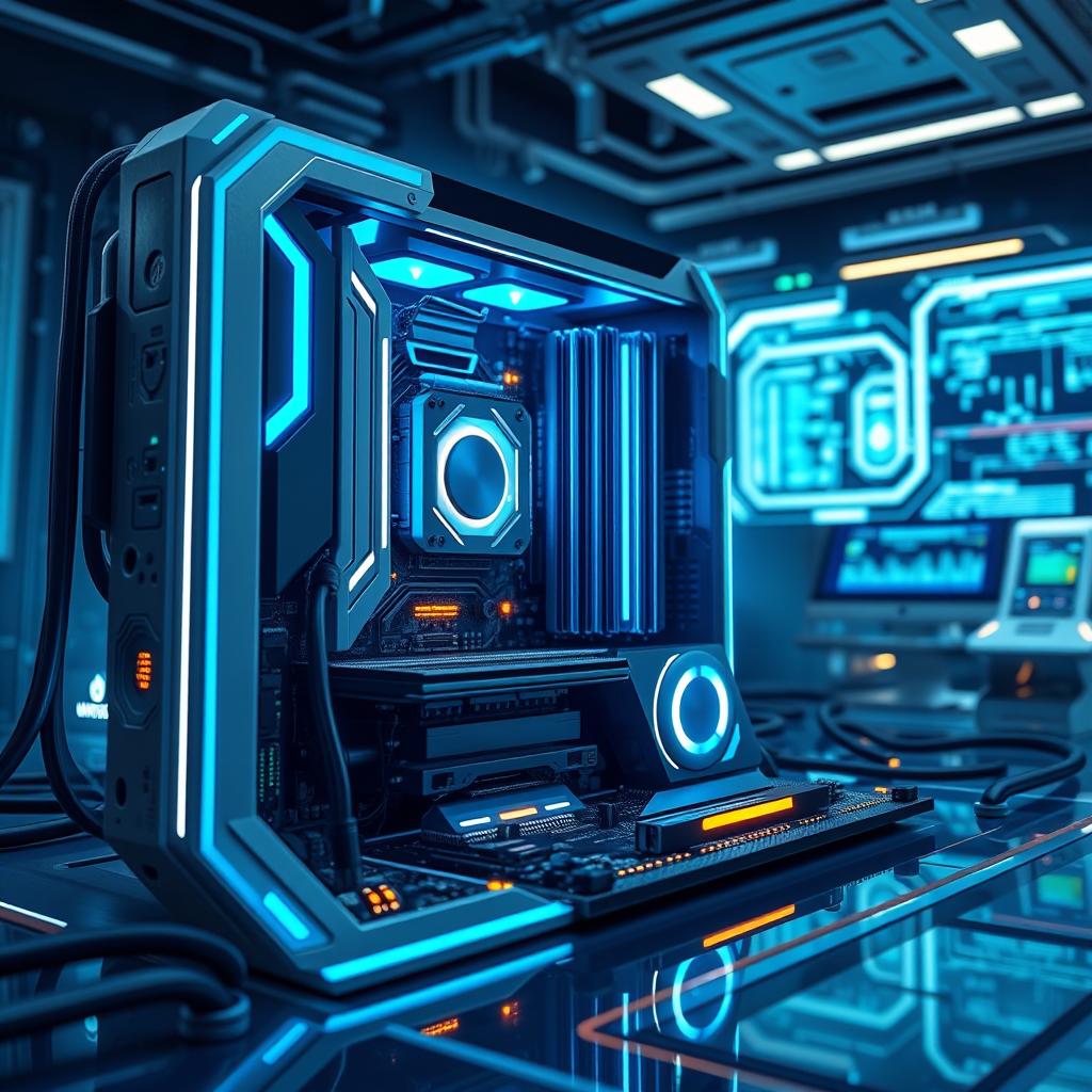 A futuristic computer graphic design showcasing sleek and modern computer components