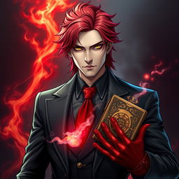 A blood mage wearing a black, gray suit with a red tie and red gloves