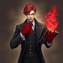 A blood mage wearing a black, gray suit with a red tie and red gloves