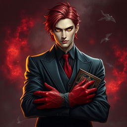 A blood mage wearing a black, gray suit with a red tie and red gloves