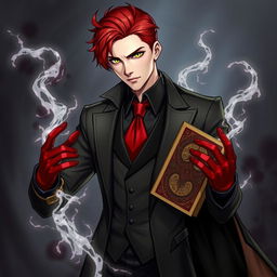 A blood mage wearing a black, gray suit with a red tie and red gloves