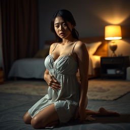 A beautiful 23-year-old Indonesian woman with a voluptuous and seductive figure, characterized by her plump breasts, elegantly dressed in a nightgown