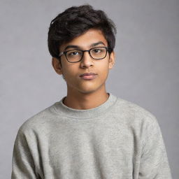 A teenager with a nerdy appearance of Indian ethnicity, wearing a loose, comfy sweatshirt. He has a look of intelligence and an awkward charm, his sleeves rolling over shyly drawn hands.