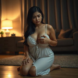 A beautiful 23-year-old Indonesian woman with a voluptuous and seductive figure, characterized by her plump breasts, elegantly dressed in a nightgown