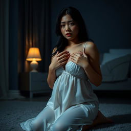 A beautiful 23-year-old Indonesian woman with a voluptuous and seductive figure, characterized by her plump breasts, elegantly dressed in a nightgown