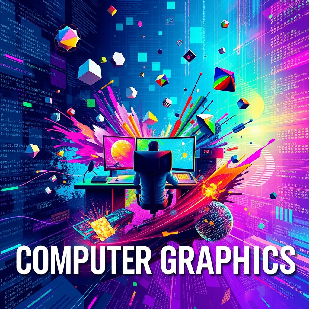 A vibrant poster on the theme of computer graphics, filled with dynamic and colorful elements