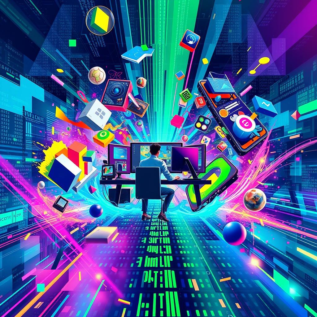 A vibrant poster on the theme of computer graphics, filled with dynamic and colorful elements