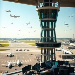 A bustling airport scene capturing the complexity and precision of modern flight operations