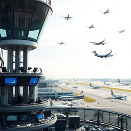 A bustling airport scene capturing the complexity and precision of modern flight operations