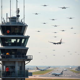 A bustling airport scene capturing the complexity and precision of modern flight operations