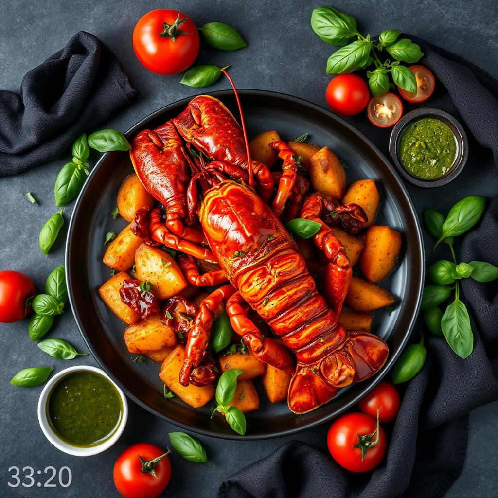 A top view ultra-realistic photo capturing a whole lobster baked in a savory sauce, arranged on a large dark plate atop a flavorful bed of roasted sweet potatoes and fresh green herbs