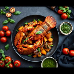 A top view ultra-realistic photo capturing a whole lobster baked in a savory sauce, arranged on a large dark plate atop a flavorful bed of roasted sweet potatoes and fresh green herbs