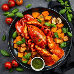 A top view ultra-realistic photo capturing a whole lobster baked in a savory sauce, arranged on a large dark plate atop a flavorful bed of roasted sweet potatoes and fresh green herbs