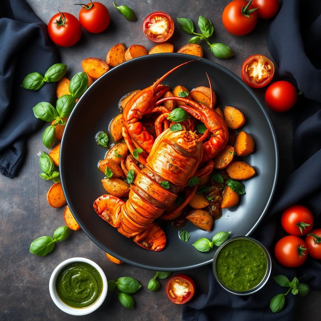 A top view ultra-realistic photo capturing a whole lobster baked in a savory sauce, arranged on a large dark plate atop a flavorful bed of roasted sweet potatoes and fresh green herbs