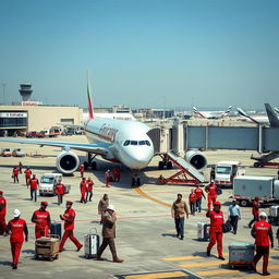 A detailed scene illustrating Emirates Ground Operations at a bustling airport