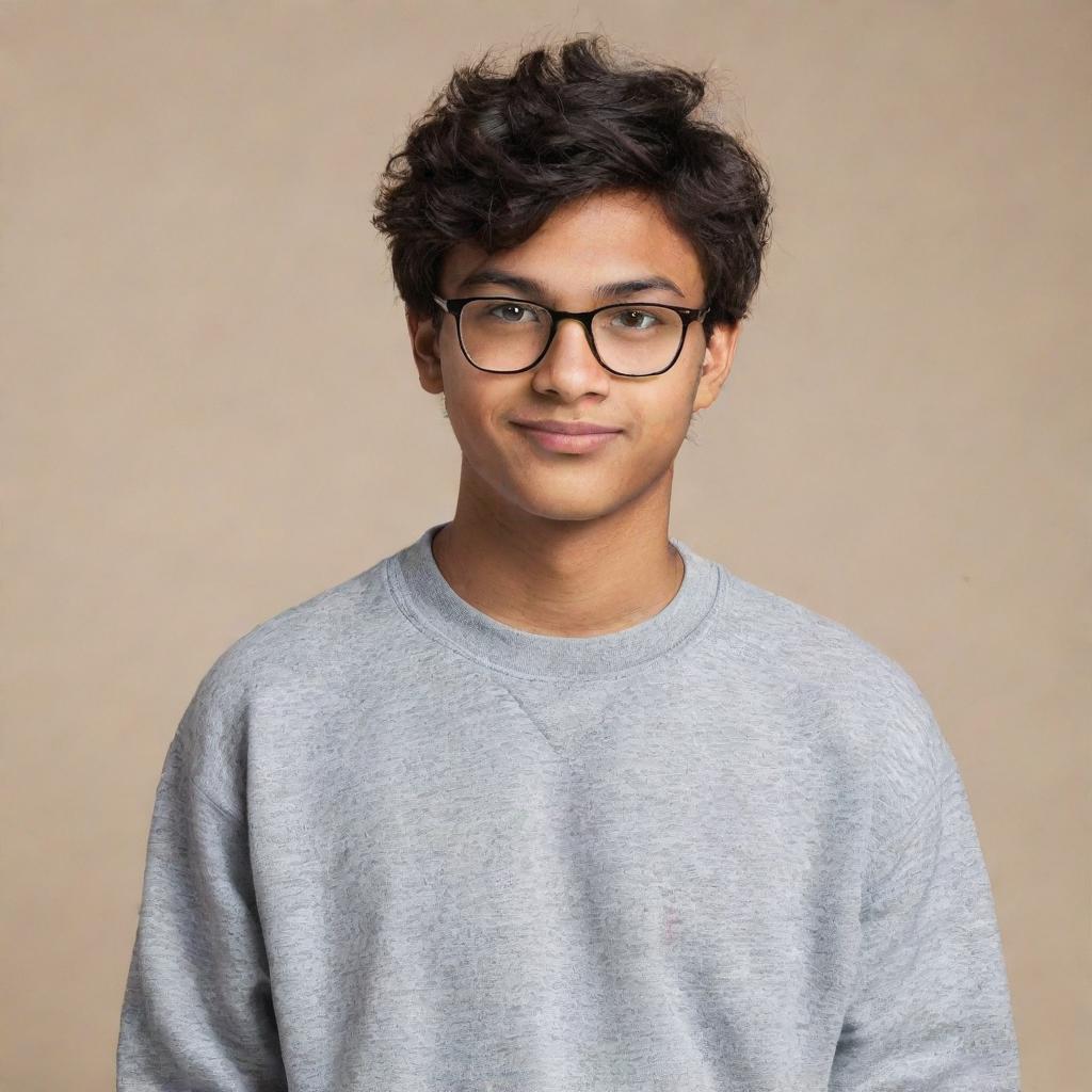 A teenager with a nerdy appearance of Indian ethnicity, wearing a loose, comfy sweatshirt. He has a look of intelligence and an awkward charm, his sleeves rolling over shyly drawn hands.