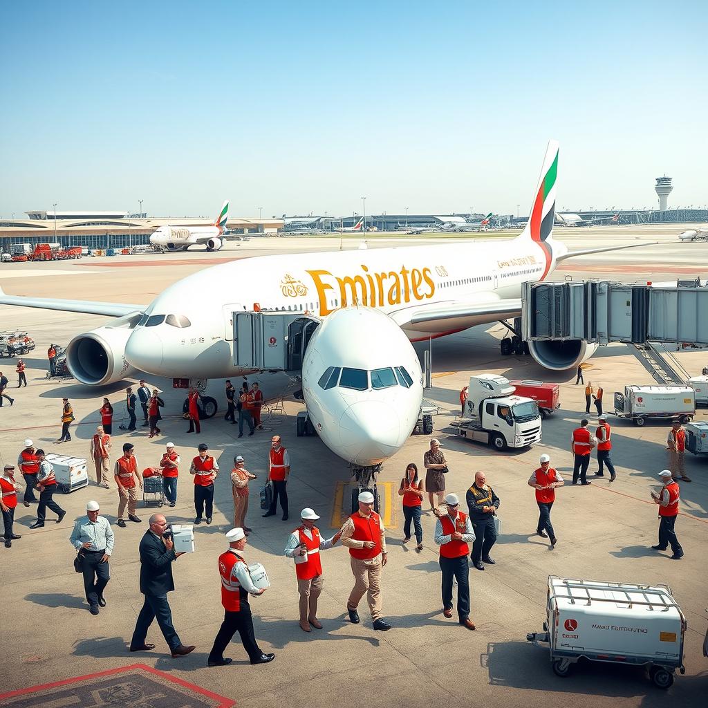 A detailed scene illustrating Emirates Ground Operations at a bustling airport