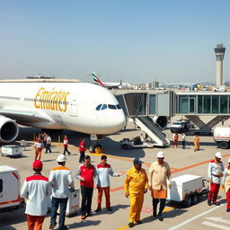 A detailed scene illustrating Emirates Ground Operations at a bustling airport