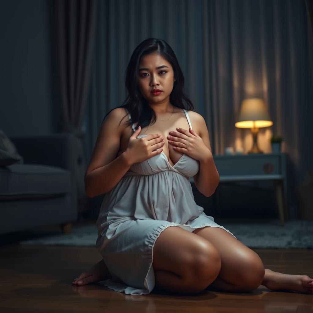 A beautiful 23-year-old Indonesian woman with a plump and sexy figure, highlighted by her voluptuous breasts, elegantly attired in a nightgown