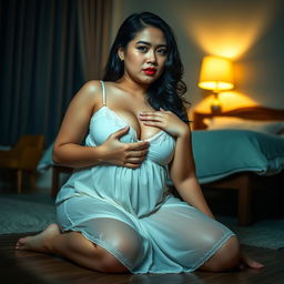 A beautiful 23-year-old Indonesian woman with a plump and sexy figure, highlighted by her voluptuous breasts, elegantly attired in a nightgown